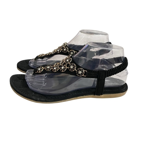 Ashley Blue Comfortable Flat Sandals With Rhinestone Decor,Soft Sole,Black Sz. 9 - Picture 2 of 11